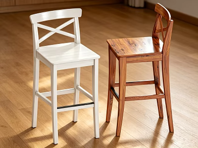 White And Natural Wooden Bar Stools With Cross Back Design On Wooden Floor 3d model