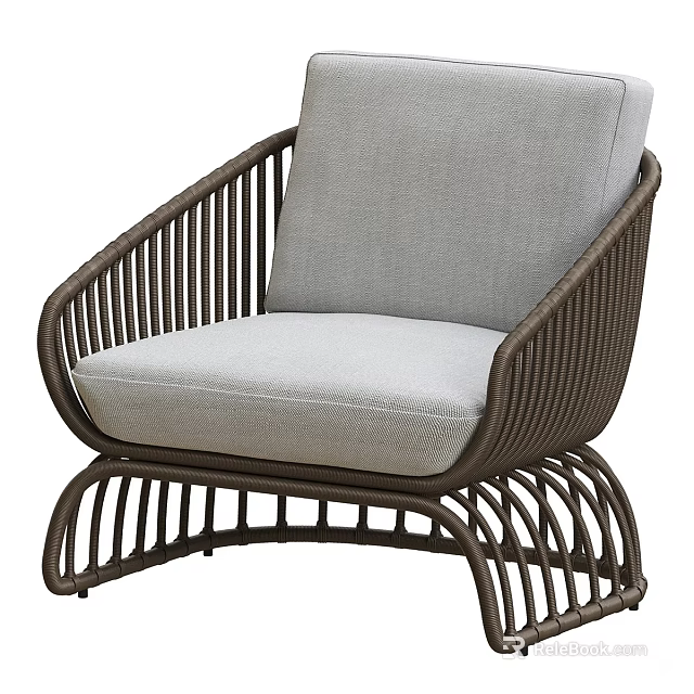 Stylish Wicker Armchair with Light Gray Cushion and Modern Frame Design 3d model 
