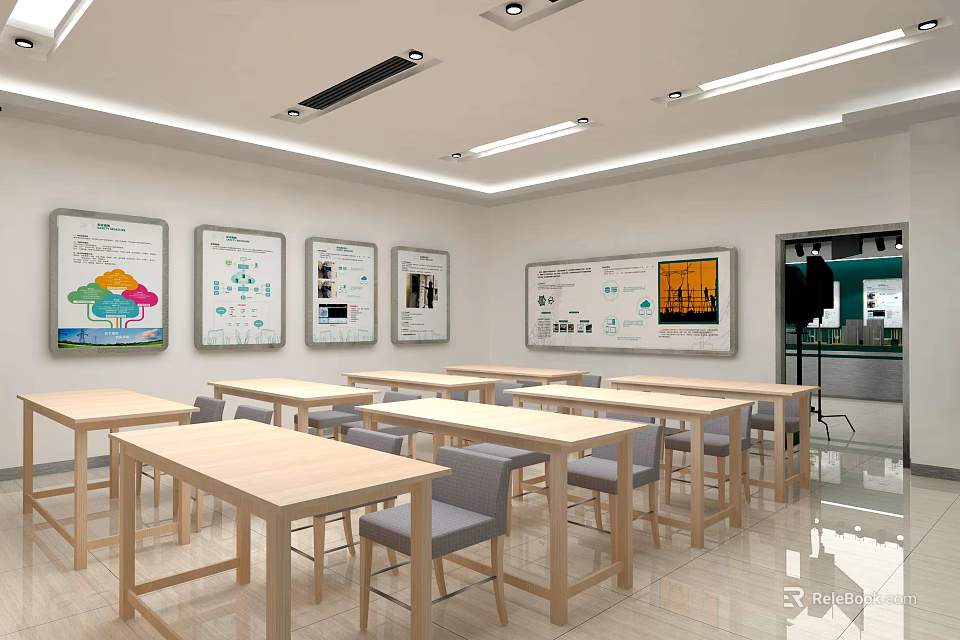 Bright Modern Learning Space With Wooden Tables Chairs And Wall Charts 3d model 
