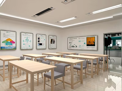 Bright Modern Learning Space With Wooden Tables Chairs And Wall Charts 3d model