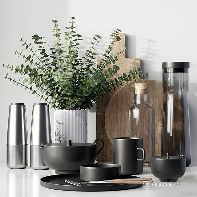 Elegant Modern Tableware Set With Stainless Steel Containers Black Mugs And Eucalyptus Greenery 3d model 