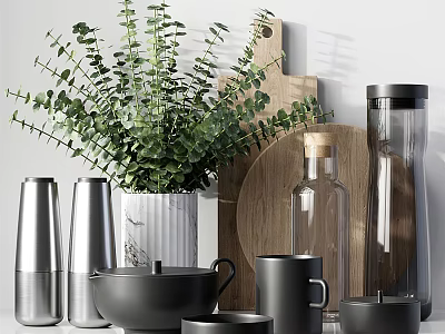Elegant Modern Tableware Set With Stainless Steel Containers Black Mugs And Eucalyptus Greenery 3d model