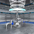 Futuristic Tech Space Featuring Metallic Texture Circular Platform Blue Lighting And Ring Shaped Screens 3d model