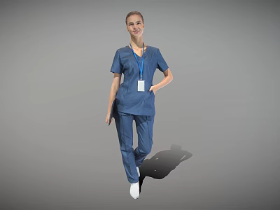 Woman In Blue Medical Scrubs With ID Badge Standing Against Gray Background 3d model
