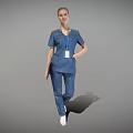 Woman In Blue Medical Scrubs With ID Badge Standing Against Gray Background