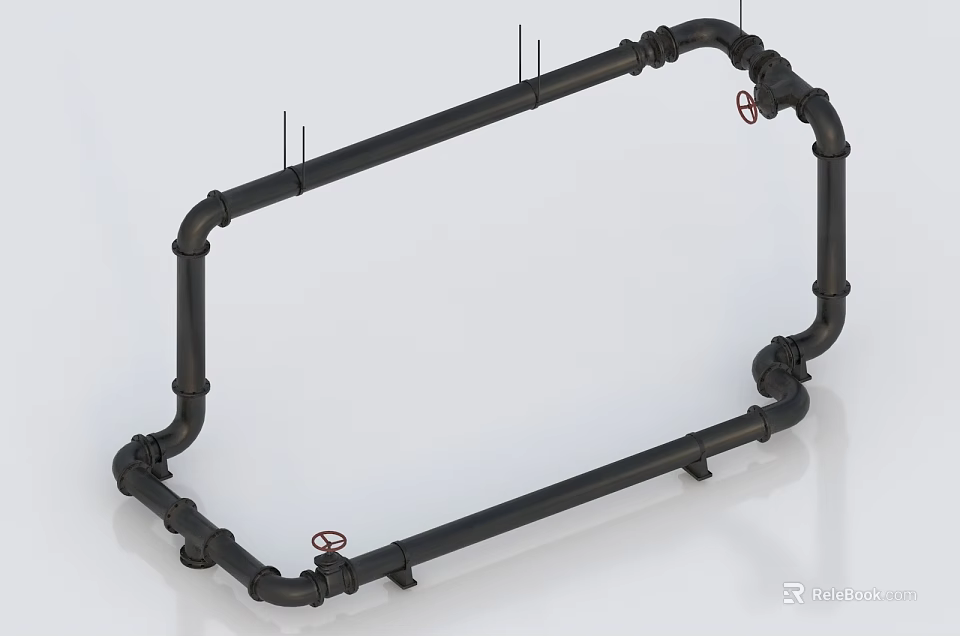 Black Industrial Pipe Frame Structure With Red Valve Fittings And Connections 3d model 