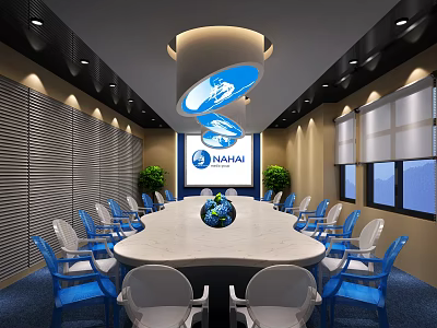 Modern Conference Room Setup With Oval Table Blue White Chairs Naval Logo Green Plants 3d model