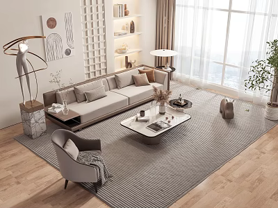 Sofa And Coffee Table Set Modern Living Room With Striped Rug Decorative Items And Sunlight 3d model
