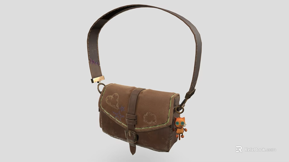 Brown Leather Crossbody Bag With Cloud Patterns And Small Orange Toy Charm 3d model
