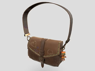 Brown Leather Crossbody Bag With Cloud Patterns And Small Orange Toy Charm 3d model