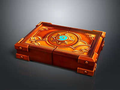Magical Ornate Wooden Chest with Intricate Carvings and Central Blue Gem for Books 3d model