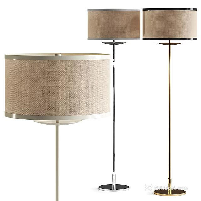 Three Stylish Modern Floor Lamps With Beige Fabric Shades And Metal Stands 3d model 