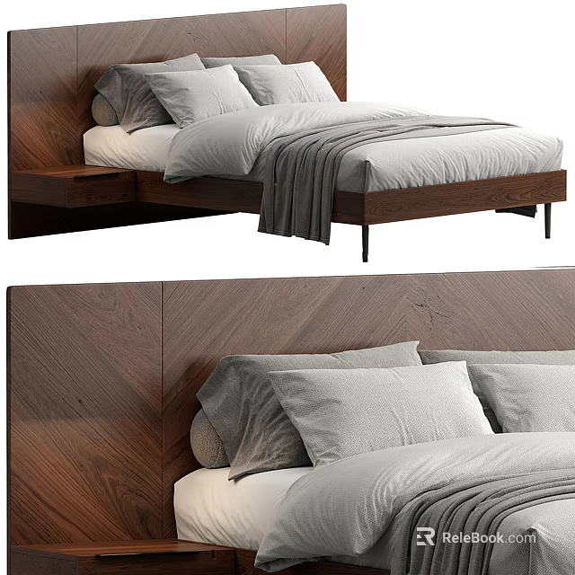 Modern Double Bed Design With Wooden Headboard And Gray Bedding Pillows 3d model 