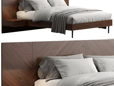Modern Double Bed Design With Wooden Headboard And Gray Bedding Pillows 3d model