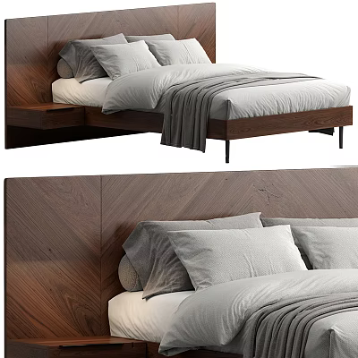 Modern Double Bed Design With Wooden Headboard And Gray Bedding Pillows 3d model