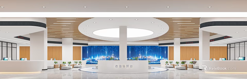Modern Service Hall Interior With Consultation Counter And Tech Background 3d model