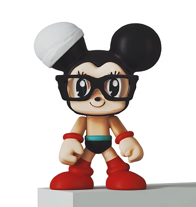 Cartoon Doll With Big Black Ears White Headwear Black Glasses Blue Belt And Red Shoes 3d model
