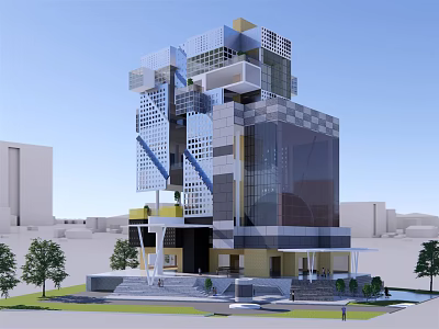 Modern Office Building Featuring Glass Facade Geometric Design And Landscaped Gardens 3d model
