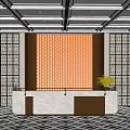 Elegant Hotel Lobby With Reception Desk Geometric Floor And Square Grid Ceiling 3d model