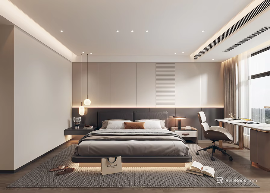 Modern Bedroom Interior With Platform Bed Light Gray Headboard Pendant Lights Desk Chair And Rug 3d model 