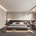Modern Bedroom Interior With Platform Bed Light Gray Headboard Pendant Lights Desk Chair And Rug