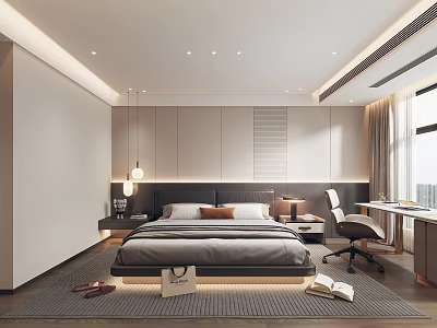 Modern Bedroom Interior With Platform Bed Light Gray Headboard Pendant Lights Desk Chair And Rug 3d model