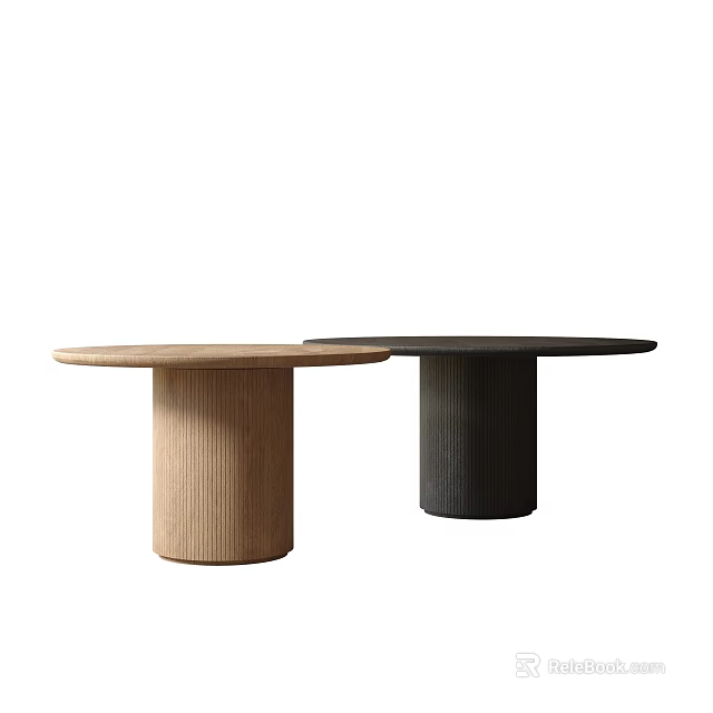 Round Wooden Dining Tables With Textured Cylindrical Legs In Light And Dark Tones 3d model 