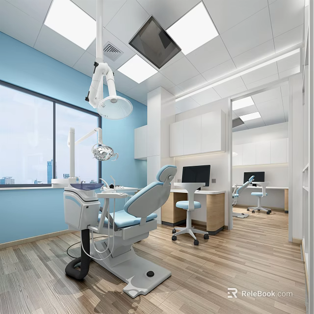 Modern Dental Clinic Interior With Treatment Chair And Medical Equipment Windows Cabinets 3d model 
