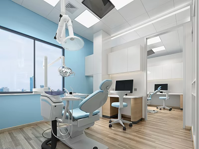 Modern Dental Clinic Interior With Treatment Chair And Medical Equipment Windows Cabinets 3d model