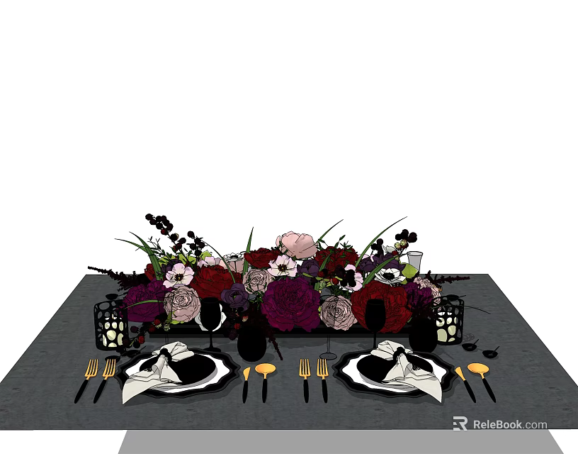 Elegant Tableware Set for Dining Table With Floral Arrangement and Candles 3d model