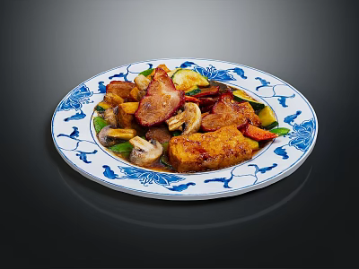 Stir Fried Bacon Mushrooms Tofu And Bell Peppers On Blue And White Patterned Plate 3d model