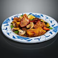 Stir Fried Bacon Mushrooms Tofu And Bell Peppers On Blue And White Patterned Plate