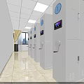 Modern Locker Corridor With Numbered Storage Units Digital Screens And Tiled Floor 3d model