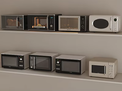 Various Microwave Ovens Arranged On Shelves With Different Designs 3d model