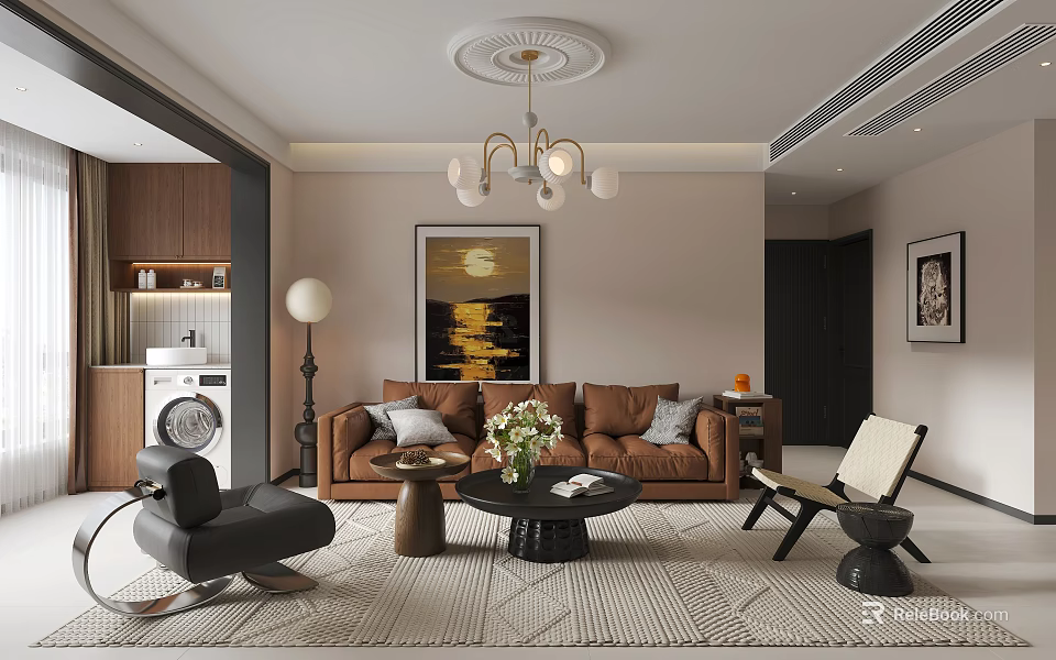 Warm Modern Living And Dining Room Interior With Comfortable Brown Sofa And Chic Home Decor 3d model 