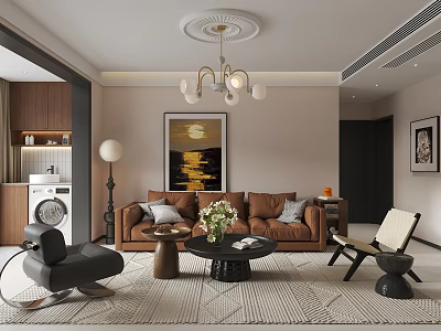 Warm Modern Living And Dining Room Interior With Comfortable Brown Sofa And Chic Home Decor 3d model