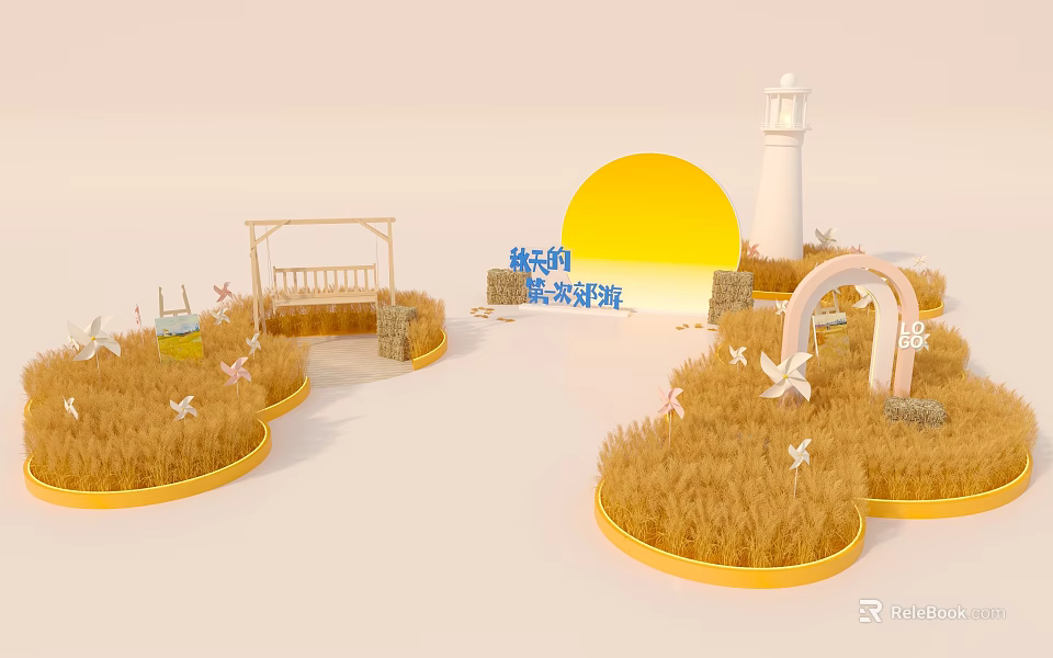 Scenic Wheat Field Scene With Scarecrow Lighthouse Sun And Paper Cranes 3d model 
