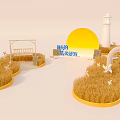Scenic Wheat Field Scene With Scarecrow Lighthouse Sun And Paper Cranes