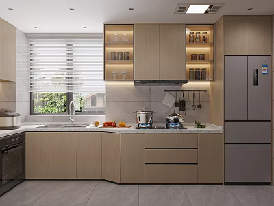 Modern Kitchen Interior Design With Light Wood Cabinets Sink Countertop And Silver Fridge 3d model