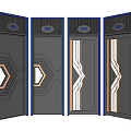Modern Style Swing Doors With Geometric Patterns Blue Lines And Gold Accents