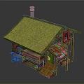 Log Cabin With Grass Roof Chimney Green Door Red Awning And Small Table Chairs
