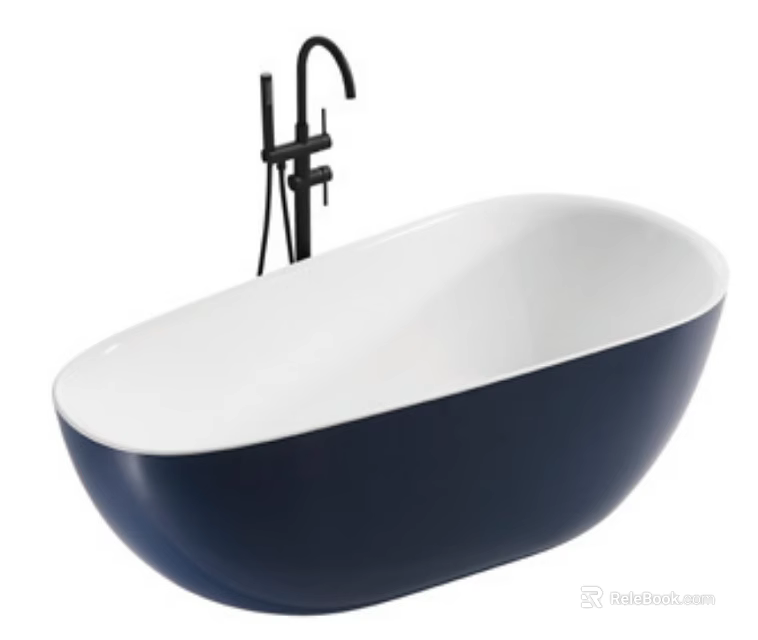 Freestanding Bathtub with Navy Blue Exterior and White Interior and Modern Black Faucet Design 3d model 