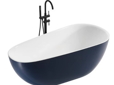 Freestanding Bathtub with Navy Blue Exterior and White Interior and Modern Black Faucet Design 3d model