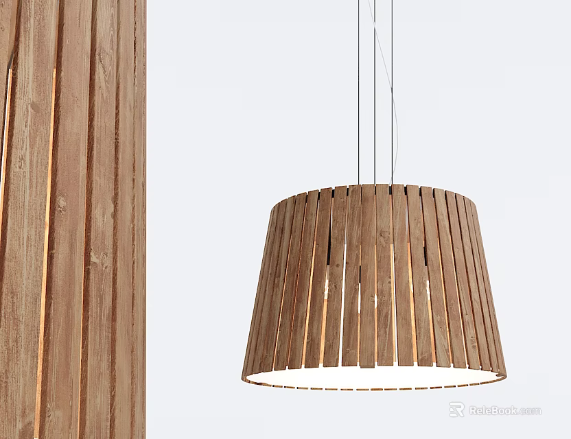 Wooden Cylindrical Pendant Light With Striped Slats Against Light Colored Wall And Wooden Vertical Stripes 3d model 