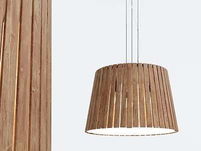 Wooden Cylindrical Pendant Light With Striped Slats Against Light Colored Wall And Wooden Vertical Stripes 3d model