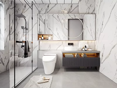 Modern Bathroom With Marble Walls Glass Shower Enclosure Smart Toilet And Round Mirror Vanity 3d model