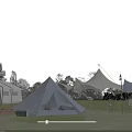 Outdoor Canvas Tipi Tents On Green Grass Field With Trees And Cloudy Sky