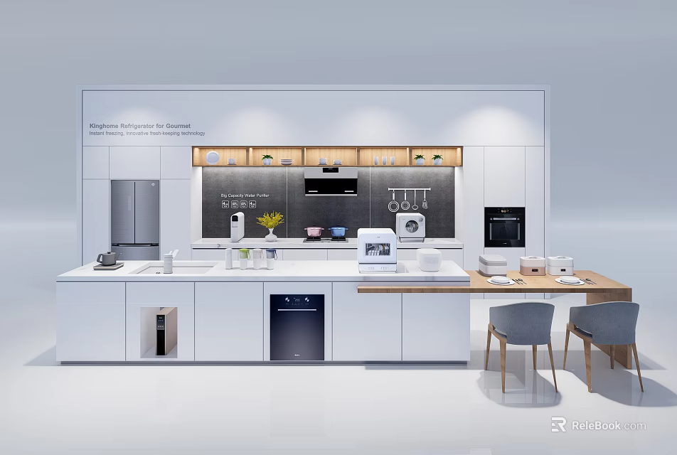 Modern Kitchen Interior Design With White Cabinets Island Counter And Stainless Steel Appliances 3d model 