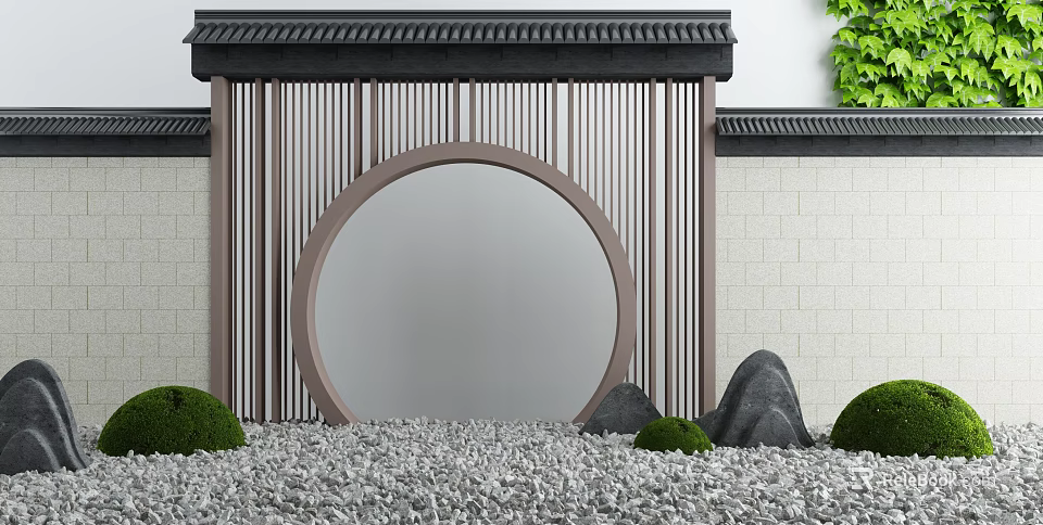 Traditional Chinese Garden Archway With Circular Design Pebble Ground And Green Plants 3d model 