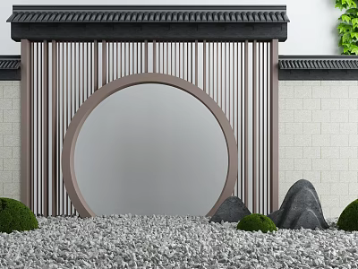 Traditional Chinese Garden Archway With Circular Design Pebble Ground And Green Plants 3d model